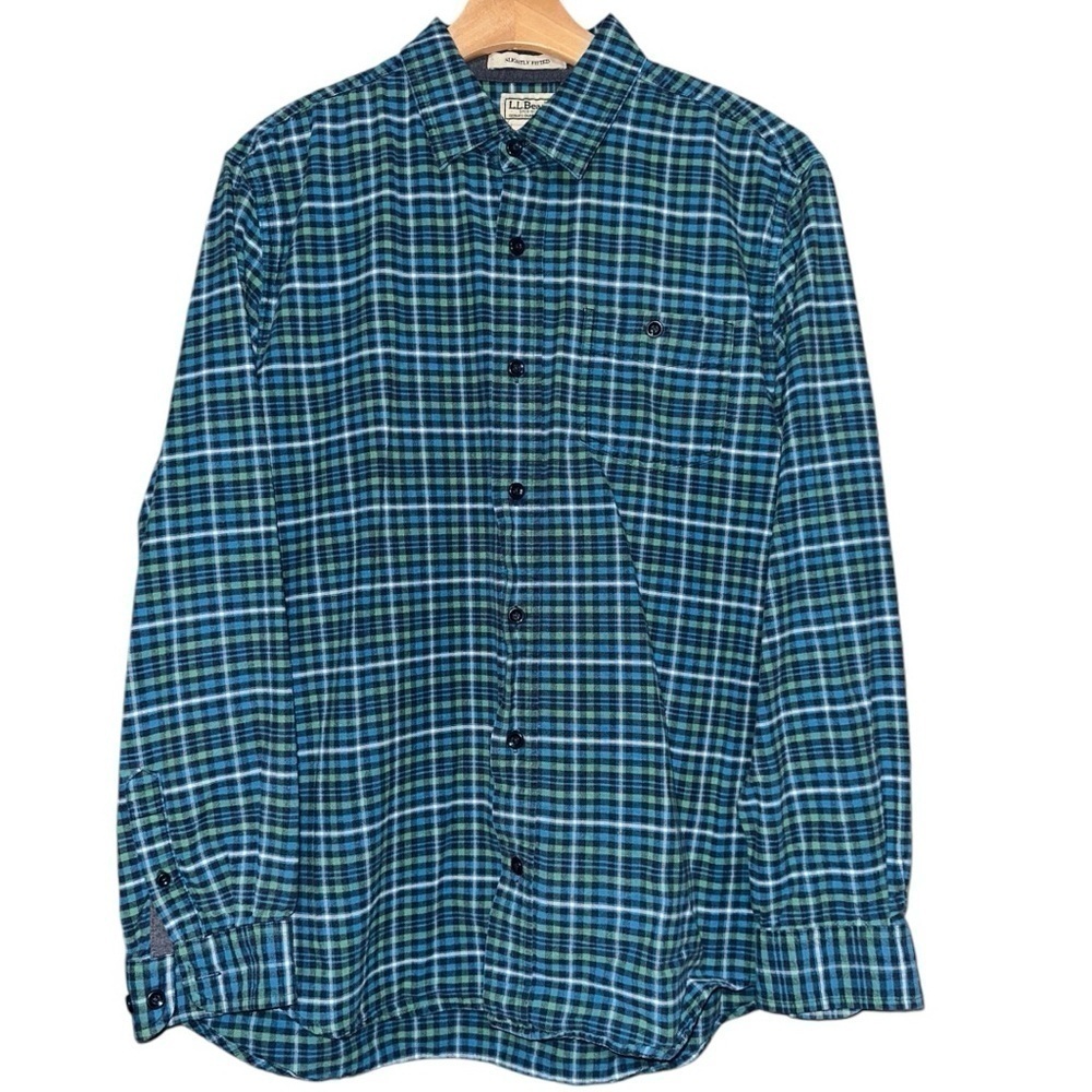 L.L. Bean L Blue Green White Checkered Plaid Cotton Flannel Button Down Shirt - Picture 2 of 6